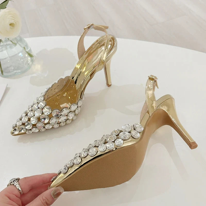 Rhinestone Slingback Heels | Pointed Toe Crystal Pumps | Elegant Kitten Heel Party Shoes