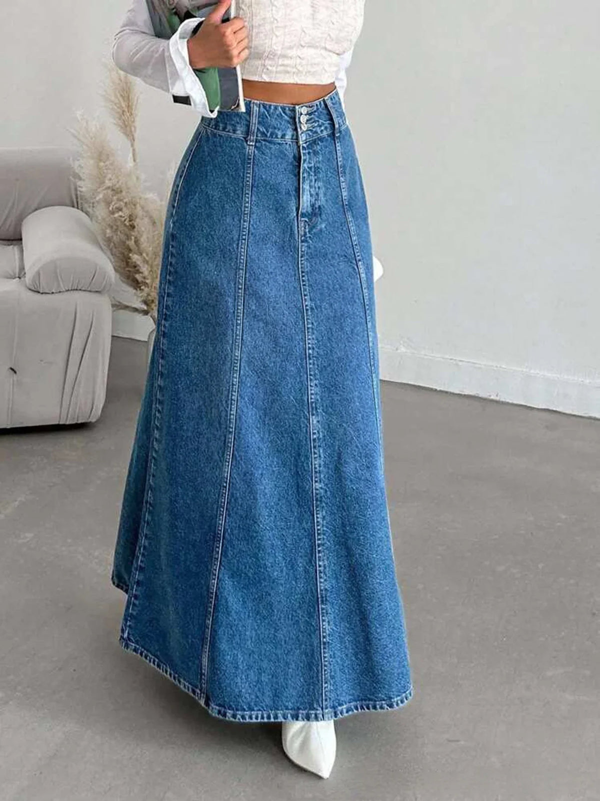 High Waisted Denim Maxi Skirt A Line Long Jean Skirt Flared Full Length Casual Streetwear Vintage Inspired
