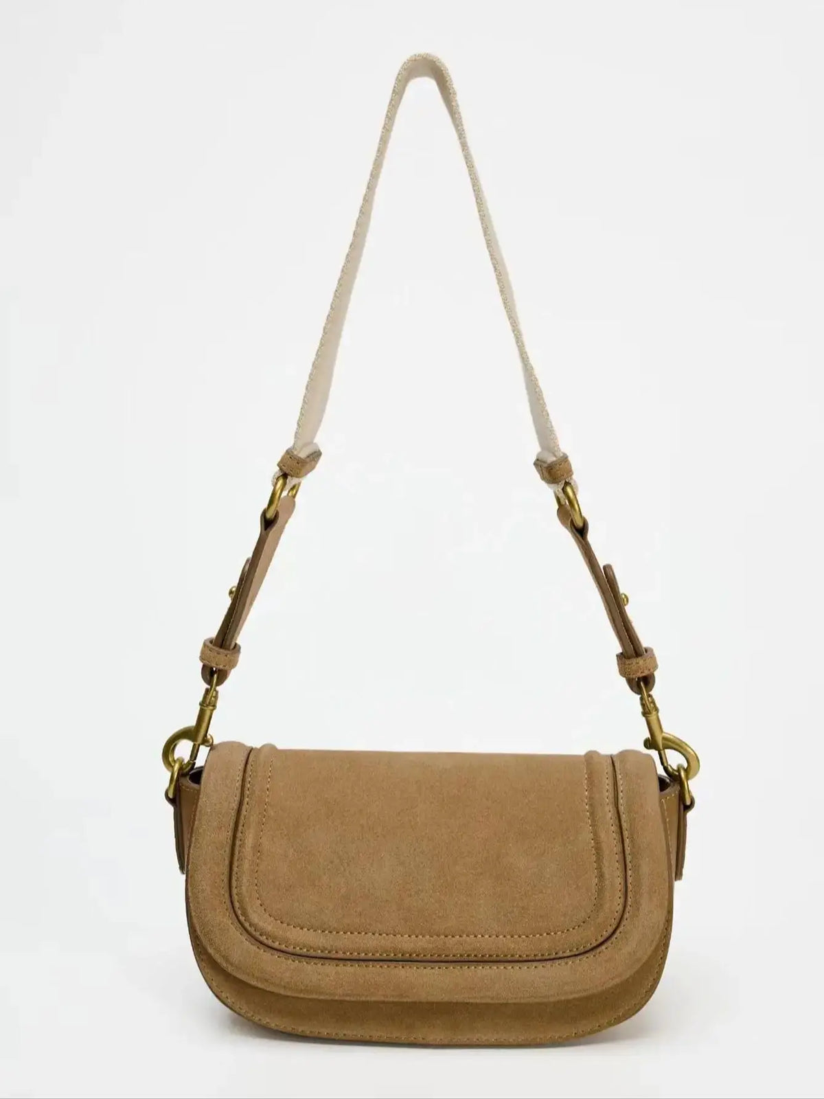 Women's Tan Shoulder Bag, Minimalist Suede Crossbody Purse, Small Vintage Saddle Bag with Adjustable Long Strap for Casual Everyday Use