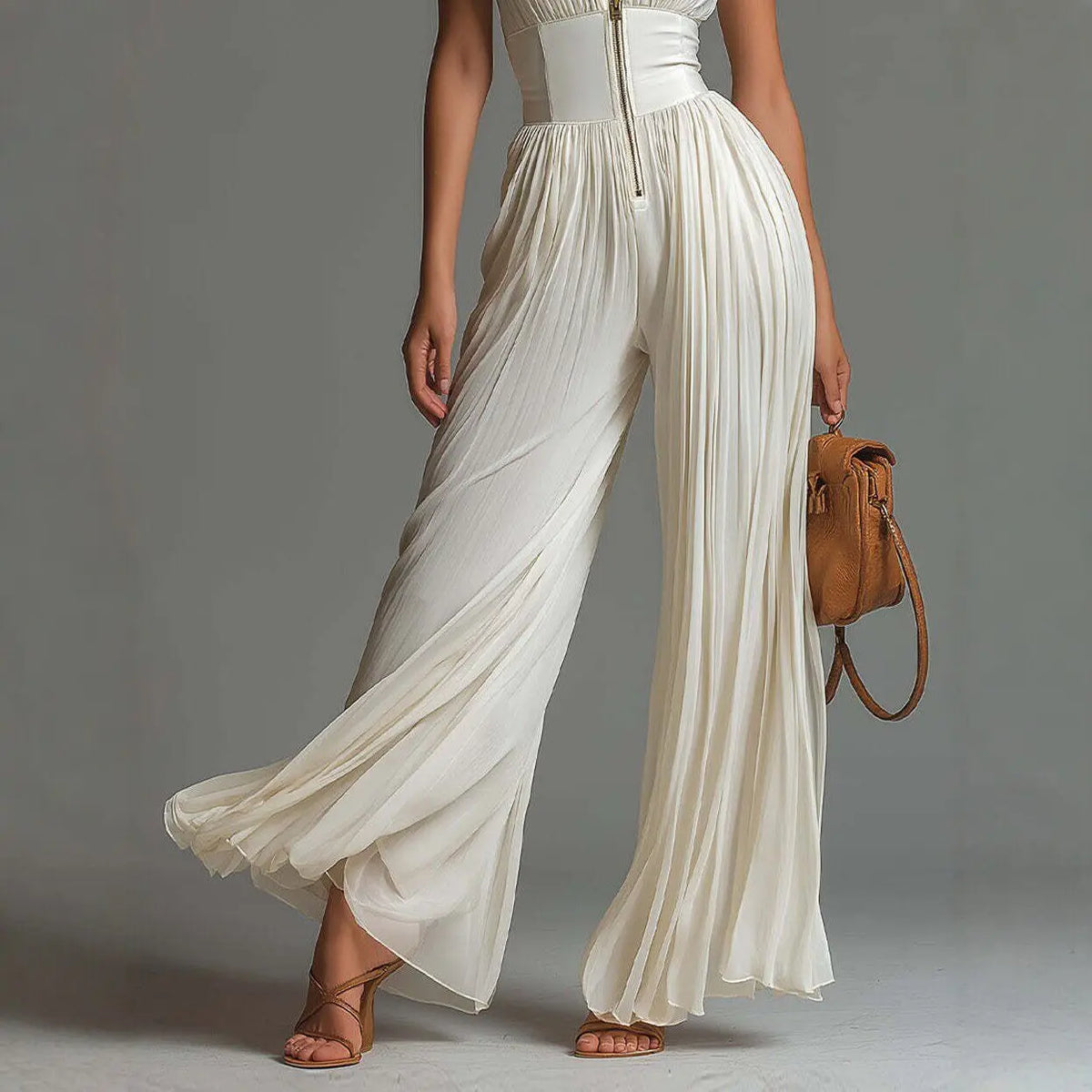 Pleated Wide Leg Jumpsuit – Sleeveless Halter Neck Jumpsuit with Deep V Neckline, Front Zip Closure and Flowing Palazzo Legs