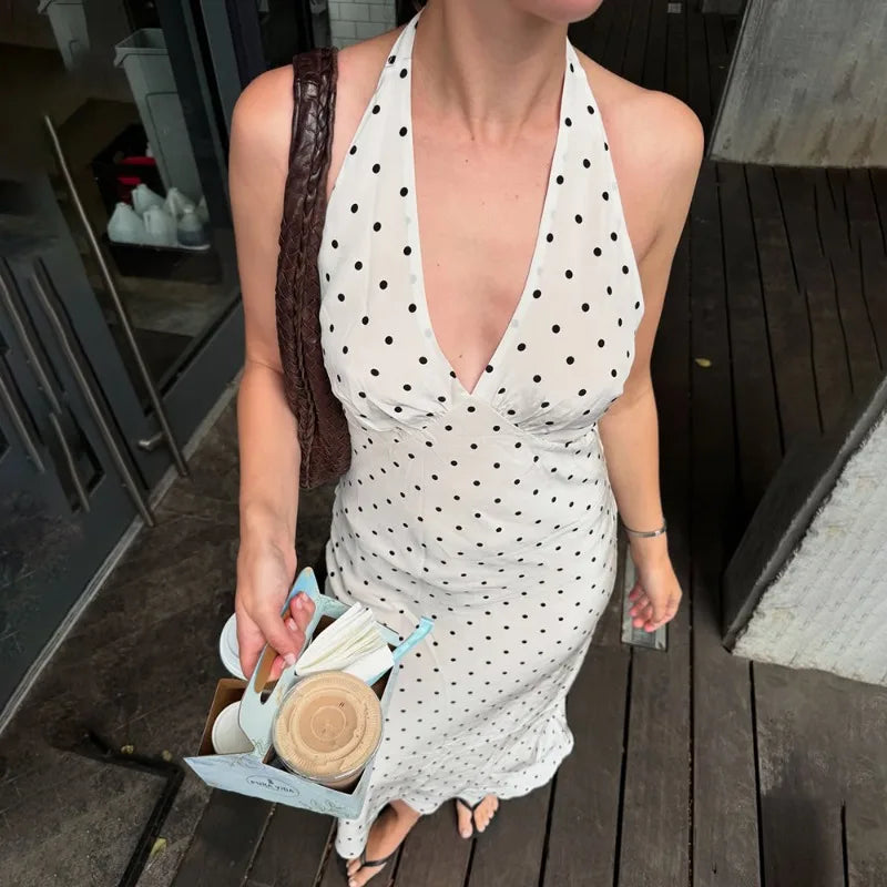 Polka Dot Midi Dress – Sleeveless Halter Neck Dress with Fitted Silhouette, Side Slit and Elegant Column Shape for Vacations & Summer Events