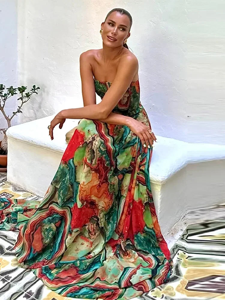 Bohemian Maxi Dress – Strapless Corset Dress with Fitted Bodice, Defined Waist and Flowing Tiered Skirt for Vacations & Summer Events