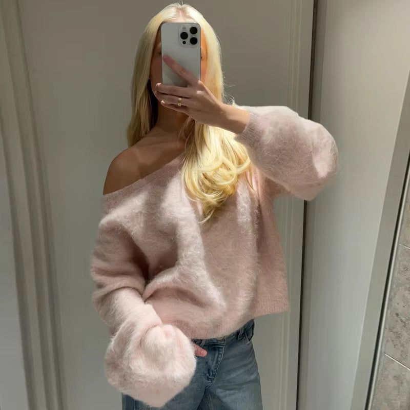 Off Shoulder Fuzzy Knit Sweater, Soft Boat Neck Pullover with Relaxed Fit and Long Sleeves, Chic Cozy Fall Winter Knitwear