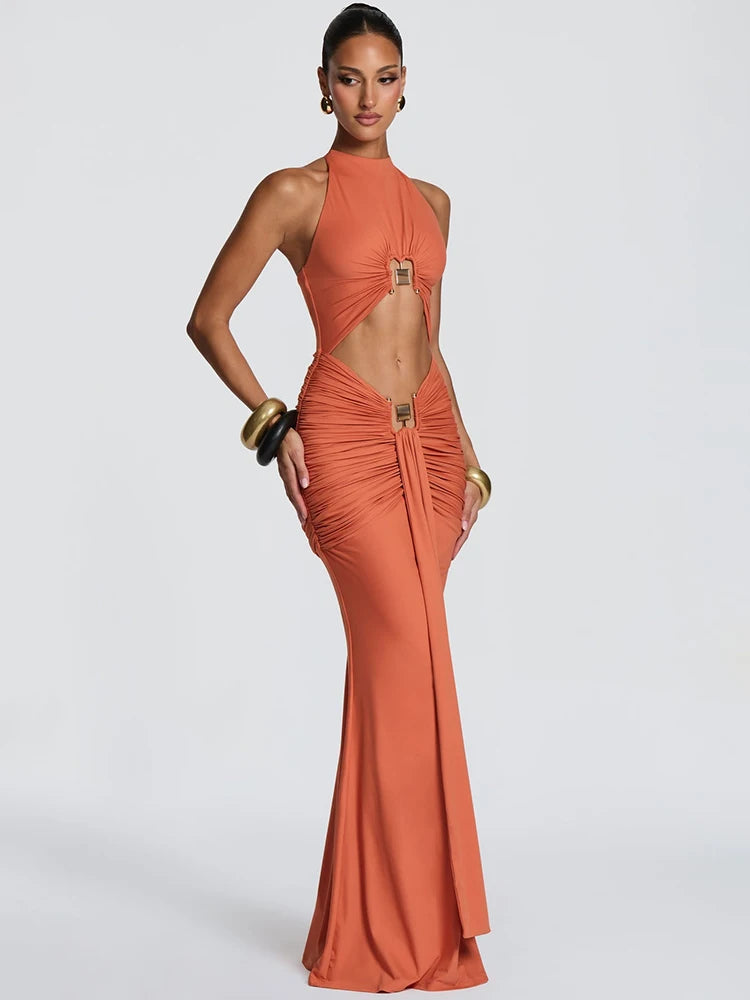 Ruched Cutout Maxi Dress – Sleeveless Halter Neck Dress with Adjustable Gathered Detail, Waist Cutouts and Mermaid Floor-Length Skirt