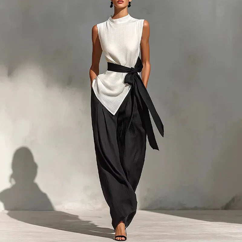 Sleeveless Satin Top & Wide Leg Pants Co-Ord Set with Waist Tie | Elegant Two Piece Outfit | Chic Evening & Formal Matching Set