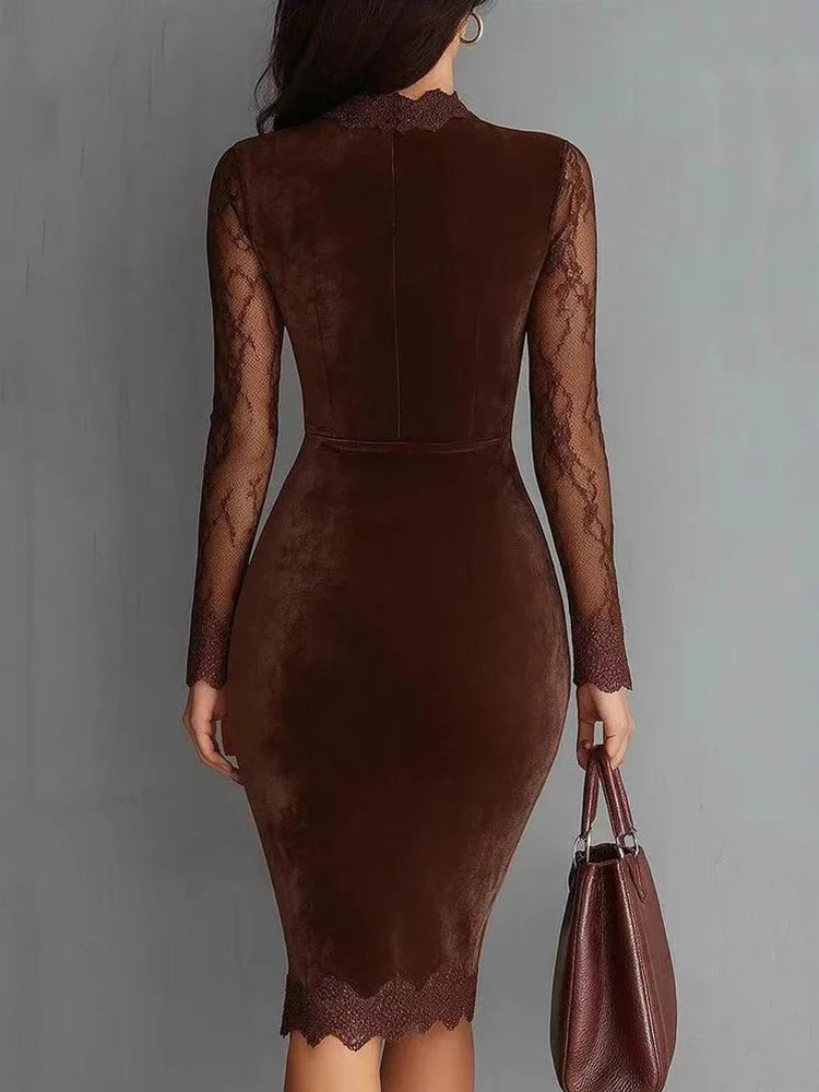 Lace Velvet Midi Dress – Long Sleeve Bodycon Dress with Sheer Lace Neckline, Fitted Waist and Elegant Evening Silhouette