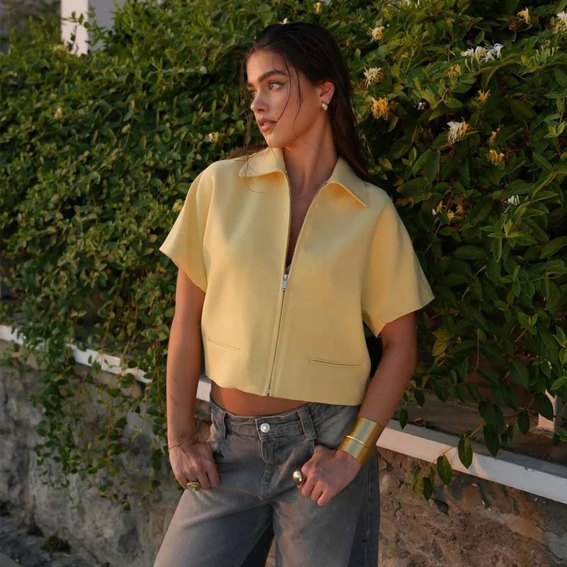 Women's Cropped Zip-Up Jacket, Short Sleeve Collared Jacket, Casual Lightweight Summer Outerwear