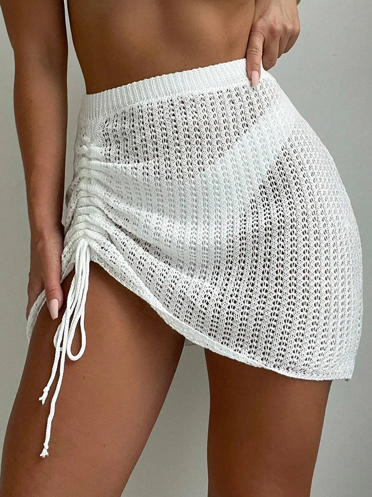 Crochet Mini Skirt High Waisted Knit Cover Up Side Drawstring Ruched Beach Skirt Sheer Festival Vacation Bottomwear