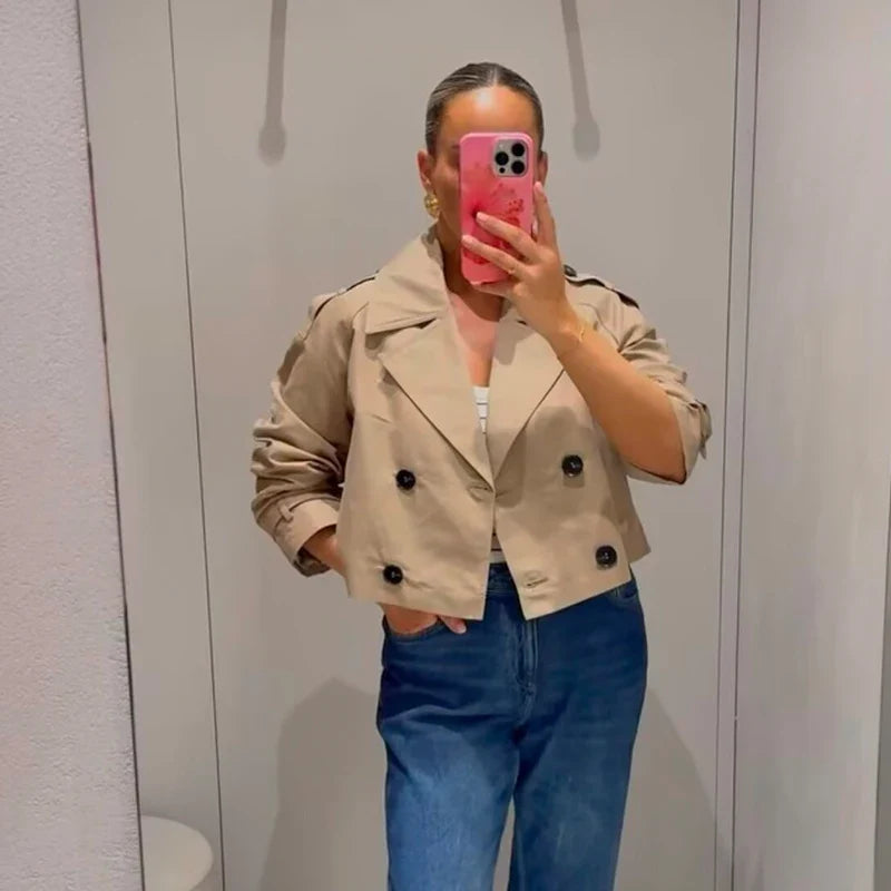 Women's Cropped Double-Breasted Jacket, Chic Tailored Lapel Blazer Coat, Classic Casual Spring Fall Outerwear