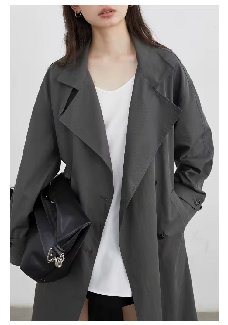 Classic Double-Breasted Trench Coat, Longline Coat with Wide Lapels and Adjustable Cuffs, Elegant Minimalist Transitional Outerwear