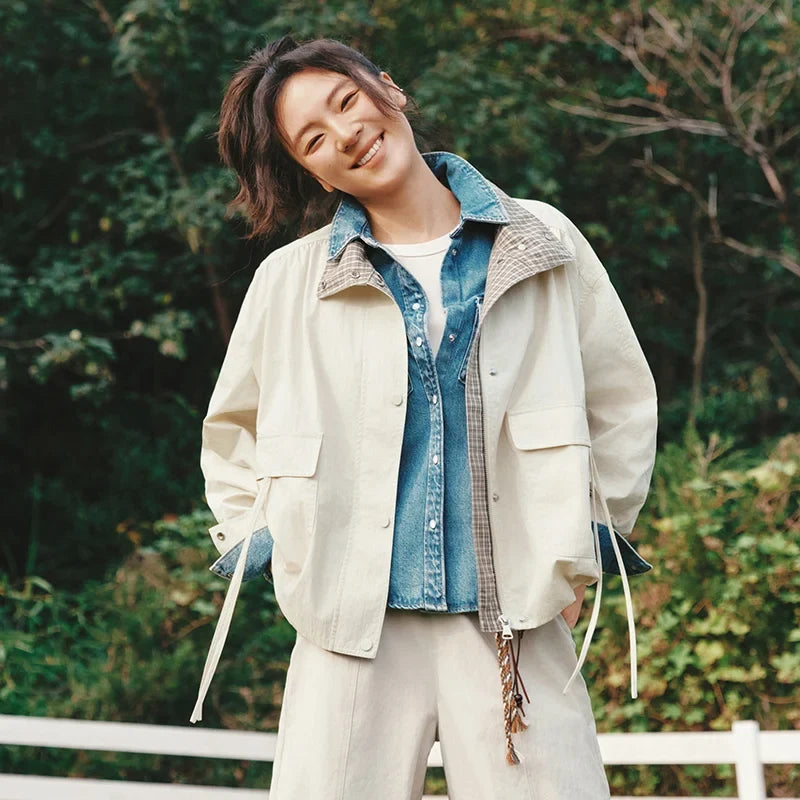 Oversized Utility Jacket with Contrast Collar, Relaxed Fit Zip-Up Jacket with Flap Pockets, Casual Lightweight Outerwear