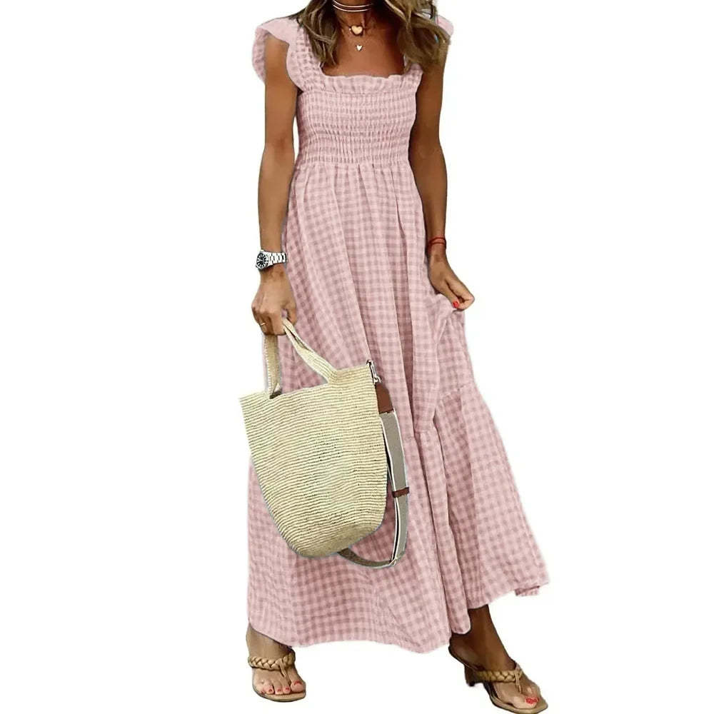 Gingham Maxi Dress – Smocked Square Neck Sundress with Short Sleeves and Flowy A-Line Skirt for Brunch, Vacation & Summer Outings