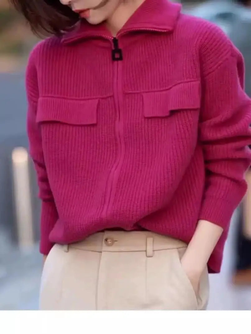 Textured Knit Zip-Up Jacket with Utility Pockets, Collared Sweater Jacket, Relaxed Fit Casual Fall Outerwear