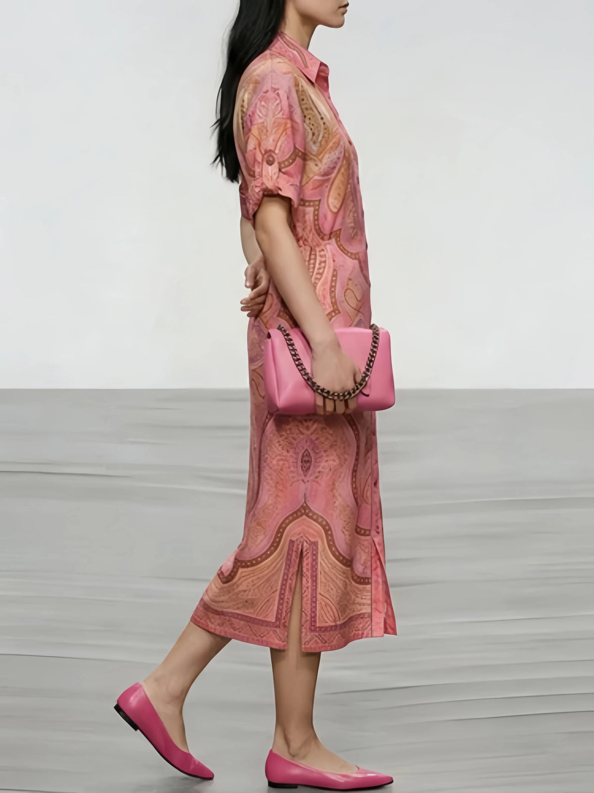 Paisley Shirt Dress – Long Sleeve Midi Dress with Button Front, Collared Neck, Roll-Up Sleeves and Elegant Printed Design