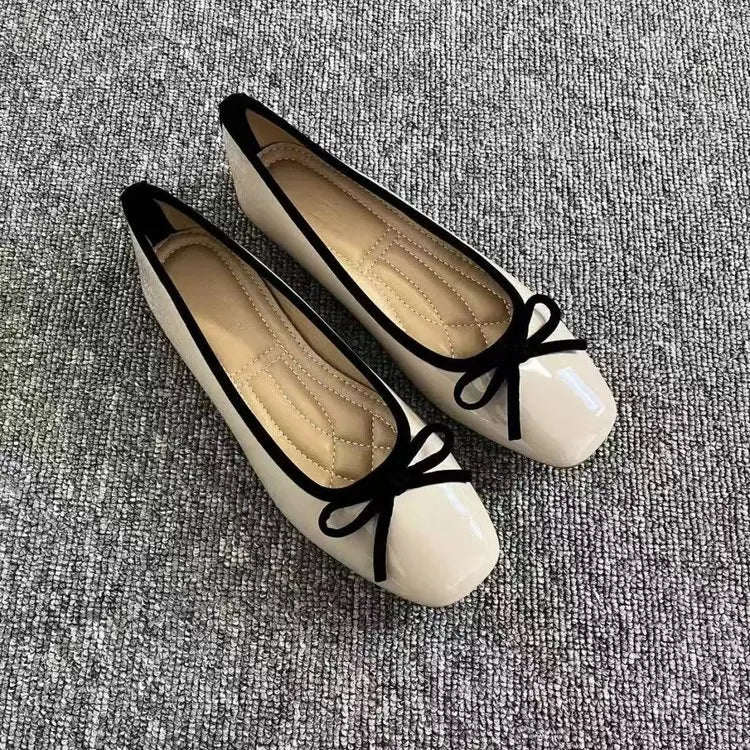 Square Toe Ballet Flats | Patent Bow Flats | Two-Tone Trim Slip-On Shoes for Women