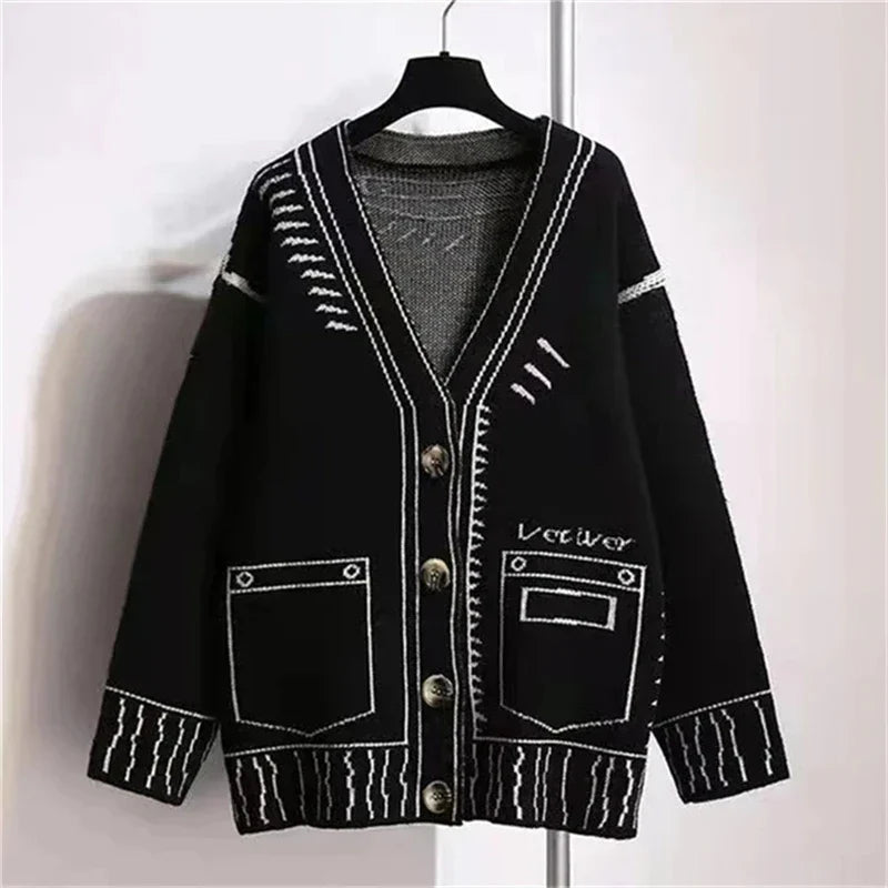 Graphic Knit Cardigan Jacket, Oversized Button-Up Sweater with Contrast Pattern and Patch Pockets, Cozy Casual Outerwear