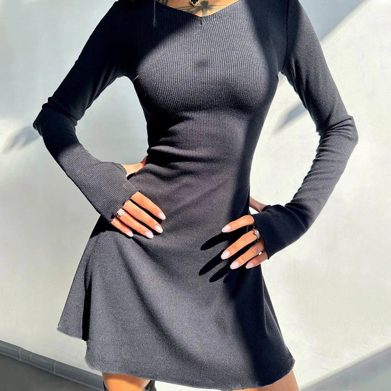 Ribbed Mini Dress – Long Sleeve Scoop Neck Bodycon Dress with Flared Sleeves, Fitted Silhouette and Stretch Knit Fabric for Evening Wear