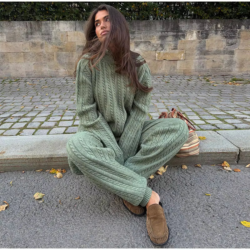 Cable Knit Sweater &amp; Wide Leg Pants Co-Ord Set | Oversized Two Piece Knit Outfit | Cozy Fall &amp; Winter Lounge Matching Set