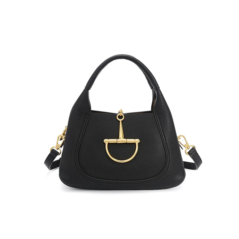 Structured Top Handle Handbag, Elegant Satchel with Adjustable Shoulder Strap & Statement Metal Detail, Classic Purse for Work, Dates & Everyday Use