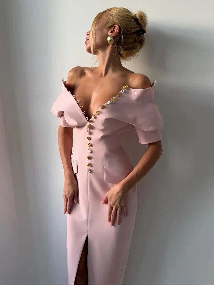 Tailored Two Piece Set – Short Sleeve V Neck Top with Decorative Trim and High Waist Straight Leg Pants for Office & Evening Wear