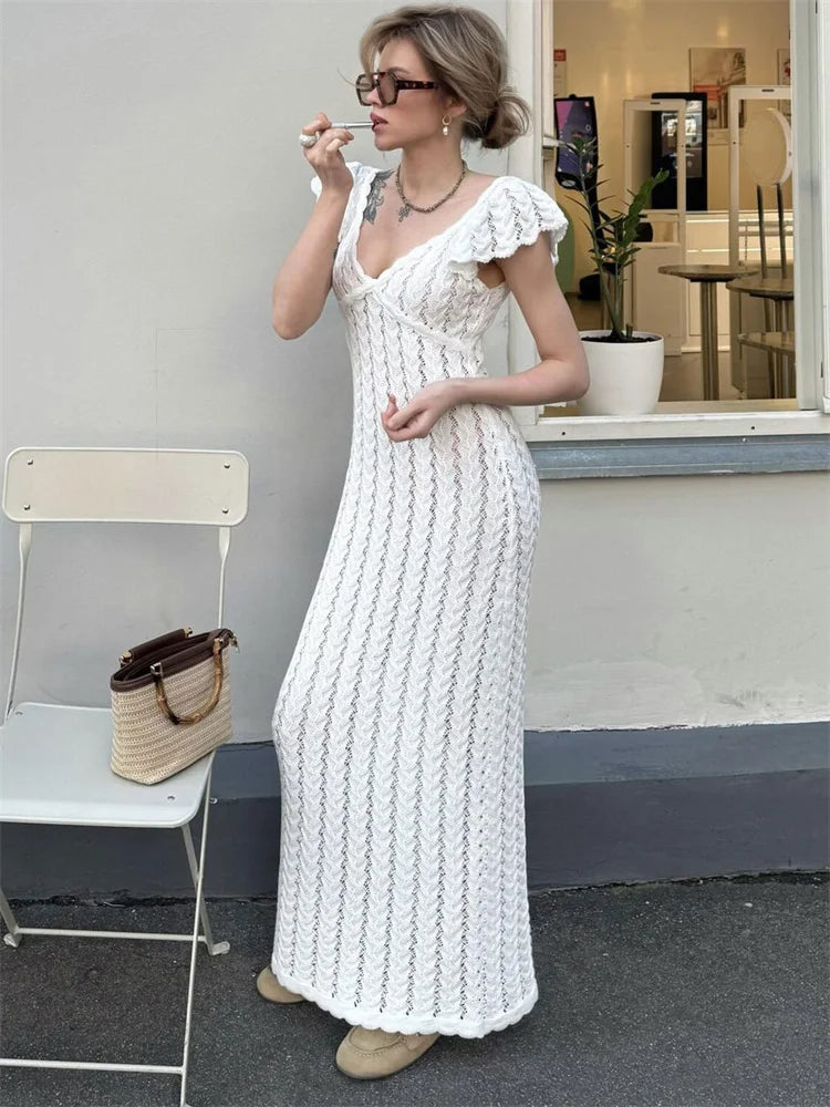 Knitted Maxi Dress – V-Neck Short Flutter Sleeve Dress with Textured Knit Pattern, Fitted Waist and Flowing Floor-Length Silhouette