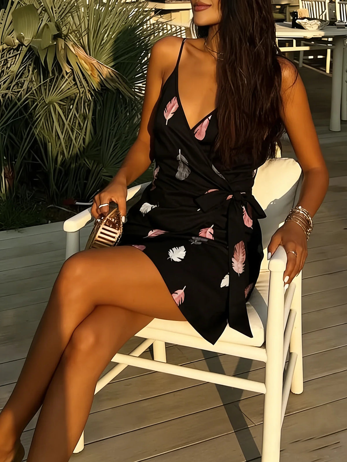 Feather Print Mini Dress – Sleeveless V Neck Dress with Adjustable Spaghetti Straps, Wrap Front, Side Tie and Flirty Silhouette