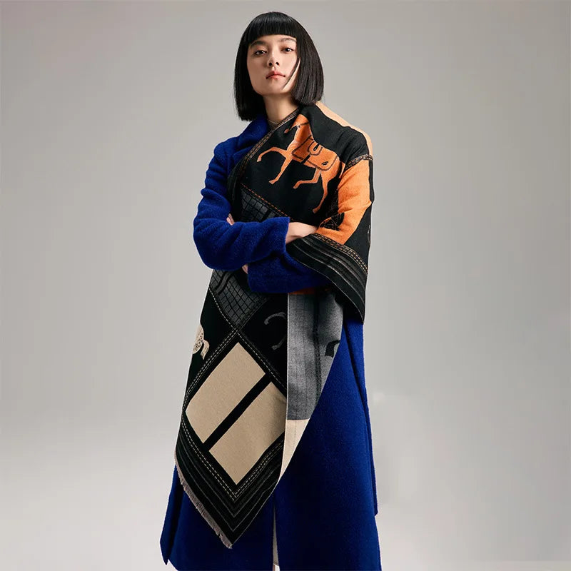 Women's Geometric Print Shawl Wrap, Plaid Pattern Scarf, Color Block Shoulder Wrap for Women