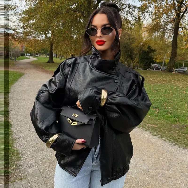 Women's Oversized Faux Leather Jacket, Relaxed Fit Biker-Inspired Jacket, Long Sleeve Zip-Up Fall Winter Outerwear