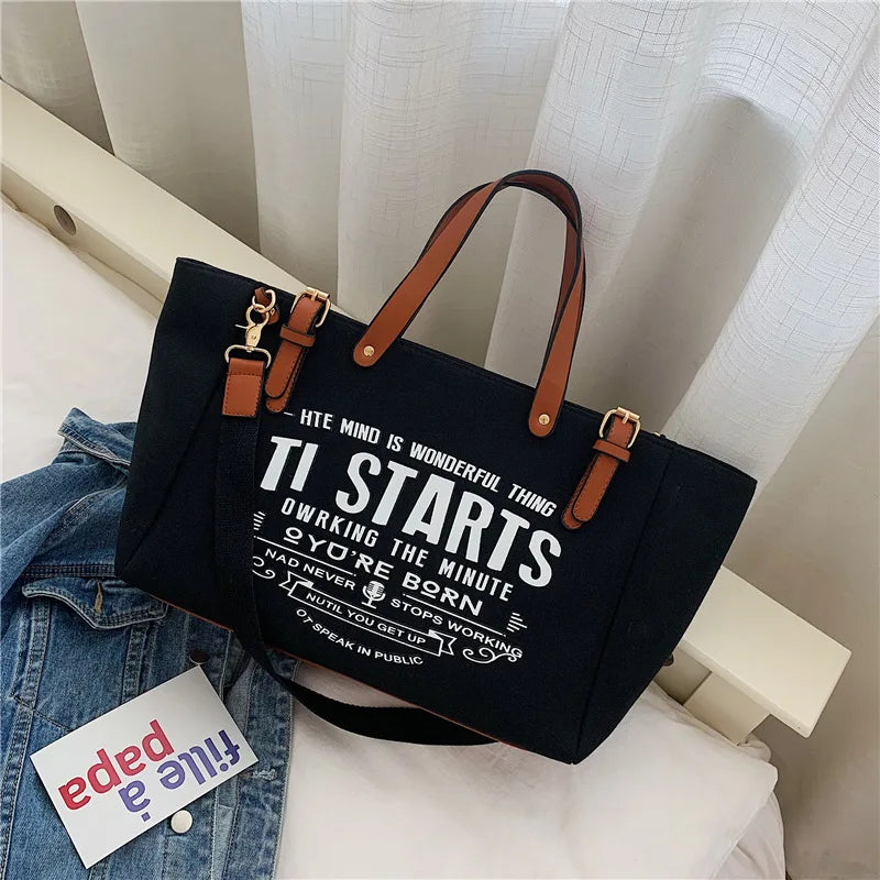 Vintage Graphic Canvas Tote Bag, Casual Shoulder Handbag with Leather-Accent Handles, Spacious Carryall Purse for Travel, Shopping & Everyday Use