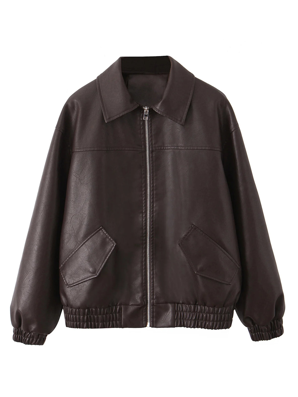 Faux Leather Bomber Jacket, Oversized Zip-Up Jacket with Wide Collar and Elasticated Hem, Minimalist Casual Streetwear Outerwear