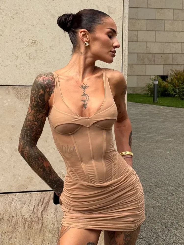 Ruched Mini Dress – Bodycon Corset Style Dress with Spaghetti Straps, Structured Bust, Seam Detail and Fitted Silhouette