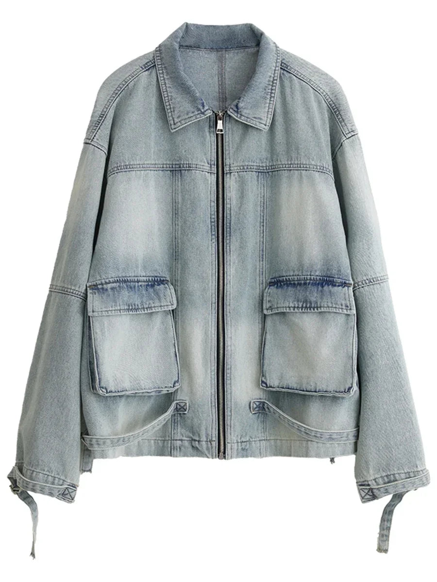 Oversized Denim Utility Jacket, Washed Zip-Up Jacket with Shirt Collar and Cargo Pockets, Relaxed Fit Casual Outerwear