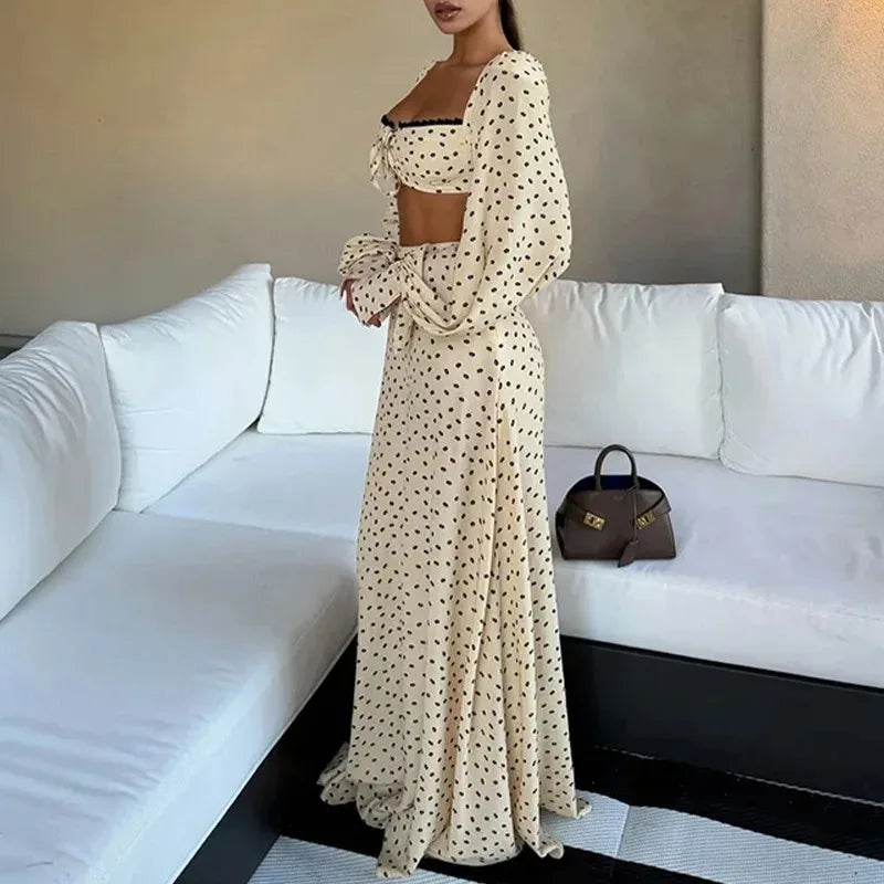 Polka Dot Crop Top &amp; Wide Leg Pants Co-Ord Set with Long Sleeve Blouse | Three Piece Inspired Look | Chic Vacation &amp; Summer Outfit