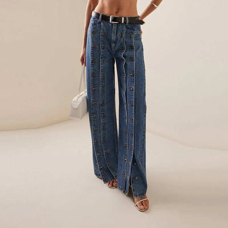 High Waisted Wide Leg Jeans Contrast Panel Denim Pants Relaxed Fit Full Length Baggy Streetwear Vintage Trousers