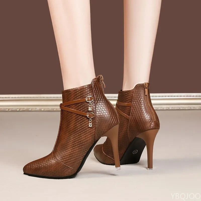 Pointed Toe Stiletto Ankle Boots | Quilted High Heel Booties | Lace-Up Detail Fashion Boots