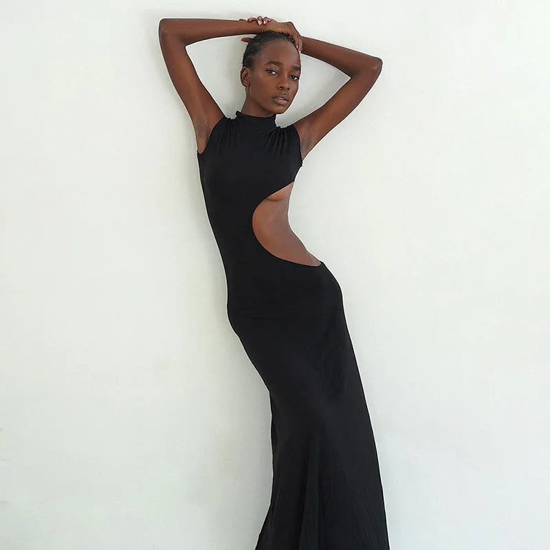 Cutout Bodycon Maxi Dress – Sleeveless High Neck Dress with Side Cutout Detail, Figure-Hugging Silhouette and Floor-Length Design for Parties