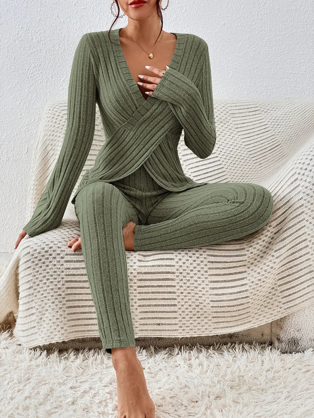 Ribbed Wrap Top & High Waist Pants Co-Ord Set | Long Sleeve Two Piece Knit Lounge Outfit | Chic Casual Fall & Winter Matching Set