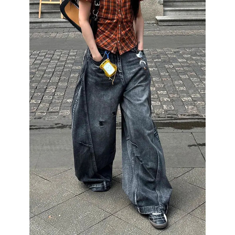 High Waisted Baggy Cargo Jeans Wide Leg Distressed Denim Pants Oversized Relaxed Fit Y2K Streetwear Utility Trousers
