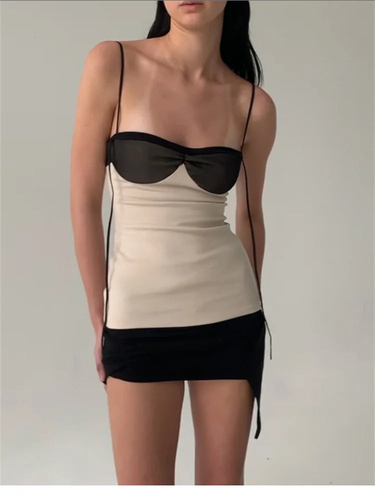 Ruched Mini Dress – Spaghetti Strap Bustier Dress with Contrast Bodice, Draped Waist and Figure-Hugging Silhouette for Date Nights & Parties
