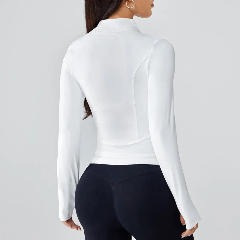Fitted Zip-Up Jacket, Sculpting Long Sleeve Jacket with Deep V-Neck and Sleek Silhouette, Chic Casual Activewear Layer