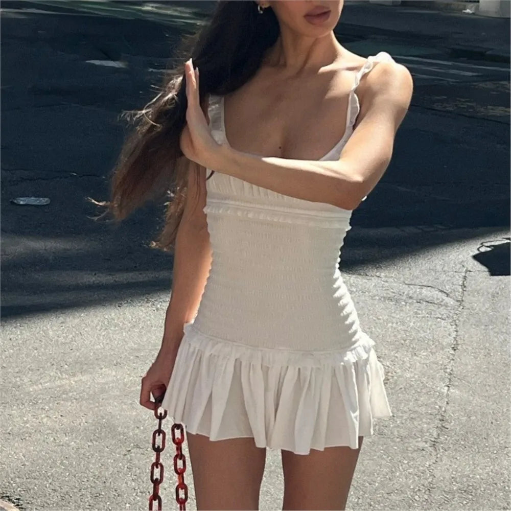Smocked Mini Dress – Ruffle Trim Sundress with Scoop Neck, Spaghetti Straps, Ruched Bodice and Flared Skirt