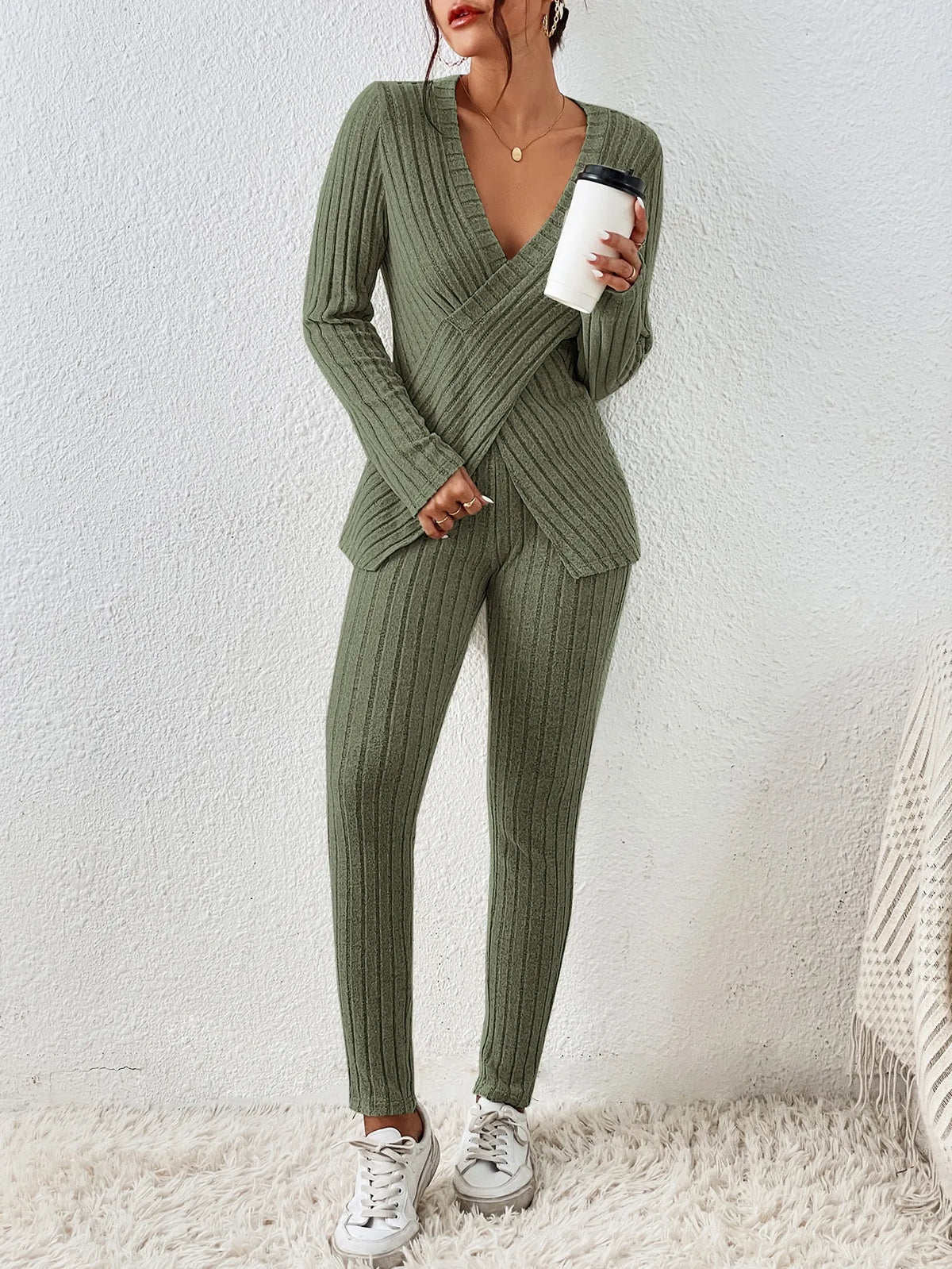Ribbed Wrap Top & High Waist Pants Co-Ord Set | Long Sleeve Two Piece Knit Lounge Outfit | Chic Casual Fall & Winter Matching Set
