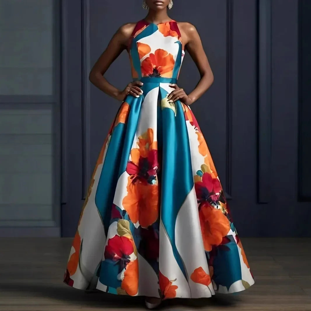 Floral Ball Gown – Strapless A-Line Maxi Dress with Corset-Style Bodice, Full Skirt and Dramatic Train for Weddings & Galas