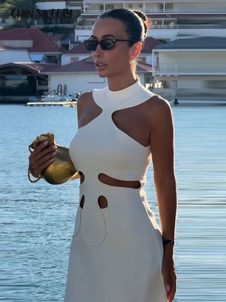Cutout Maxi Dress – Sleeveless High Neck Bodycon Dress with Waist and Shoulder Cutout Details for Resort Wear, Parties & Events