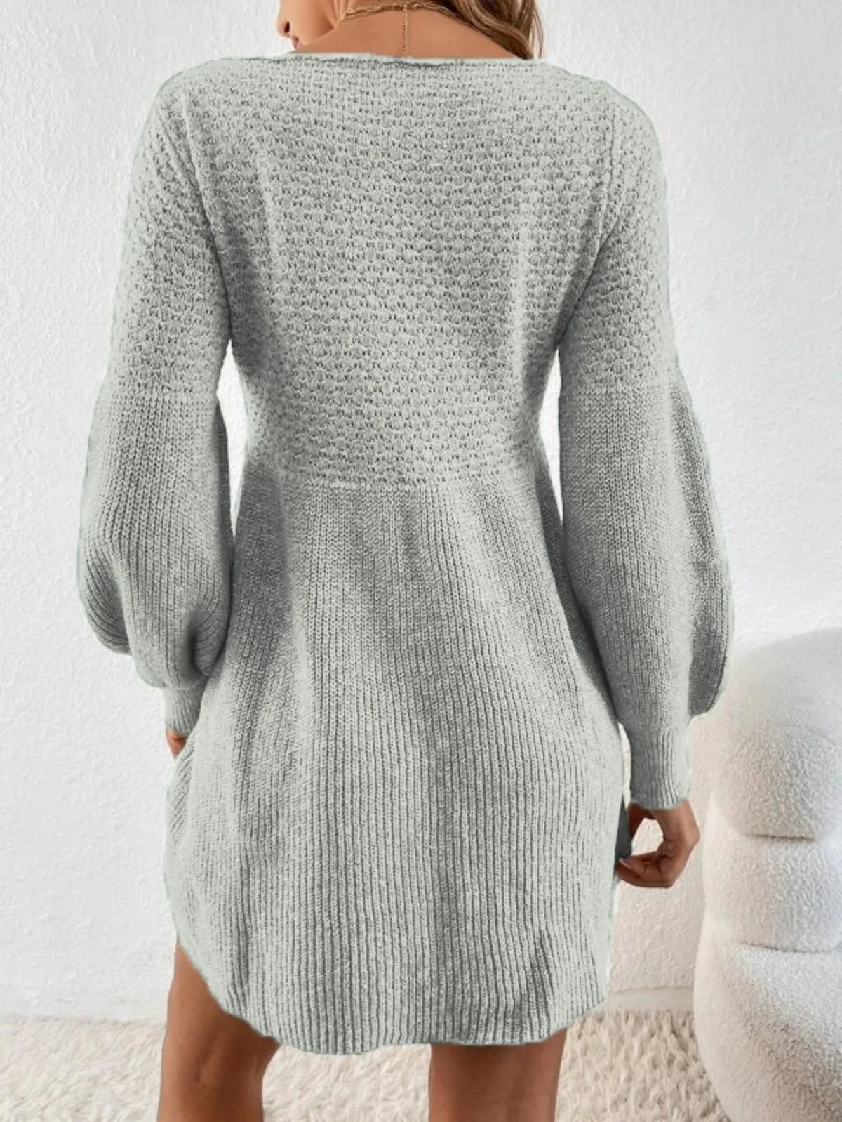Knit Sweater Mini Dress – Long Sleeve Round Neck Dress with Balloon Sleeves, Ribbed Cuffs, Flared Hem and Cozy Fall Style
