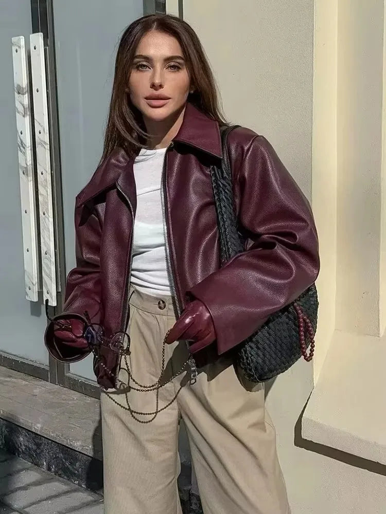 Faux Leather Bomber Jacket, Oversized Zip-Up Jacket with Stand Collar and Relaxed Fit, Chic Casual Transitional Outerwear