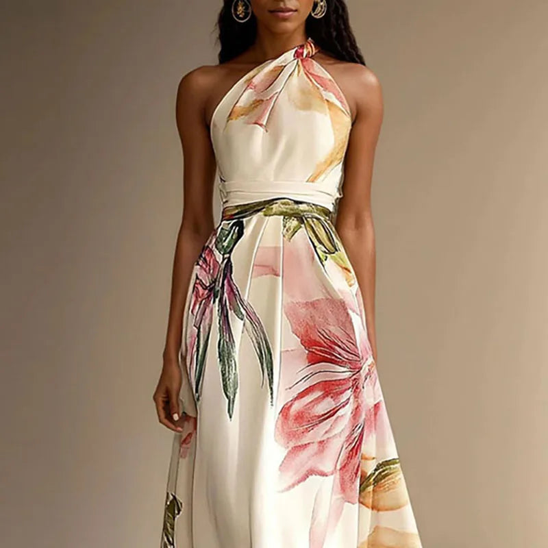 Floral Halter Maxi Dress – Tie Neck A-Line Dress with Fitted Waist and Flowing Skirt for Vacations, Weddings, Brunch & Summer Events