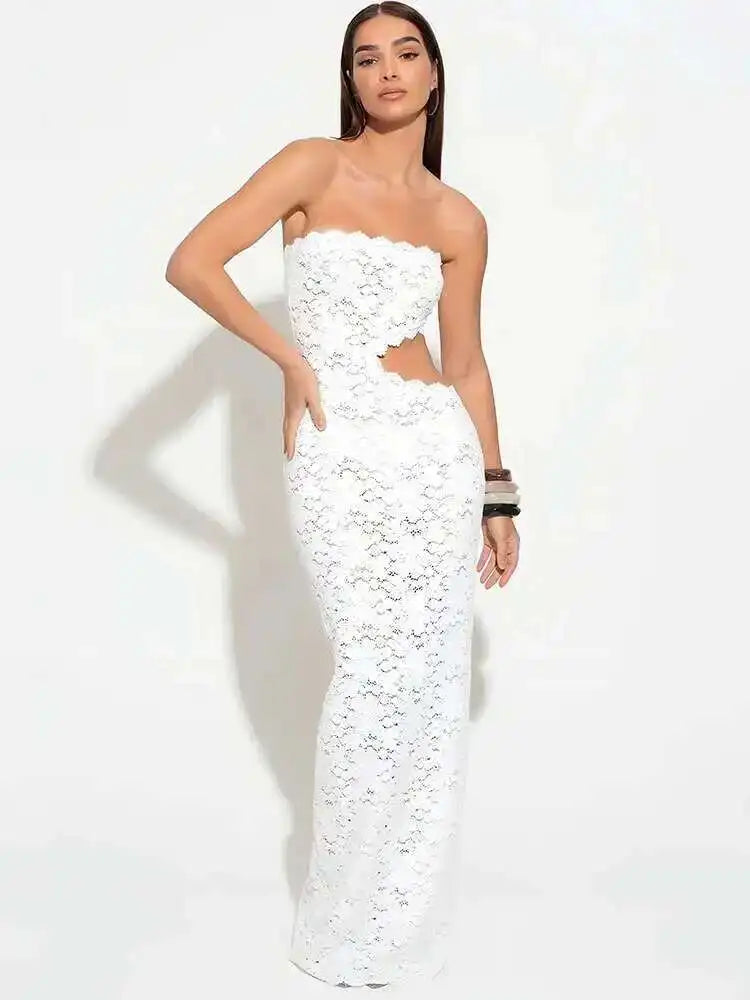 Lace Mermaid Maxi Dress – One Shoulder Fitted Evening Gown with Floral Lace Detailing for Weddings, Cocktail Parties & Formal Events
