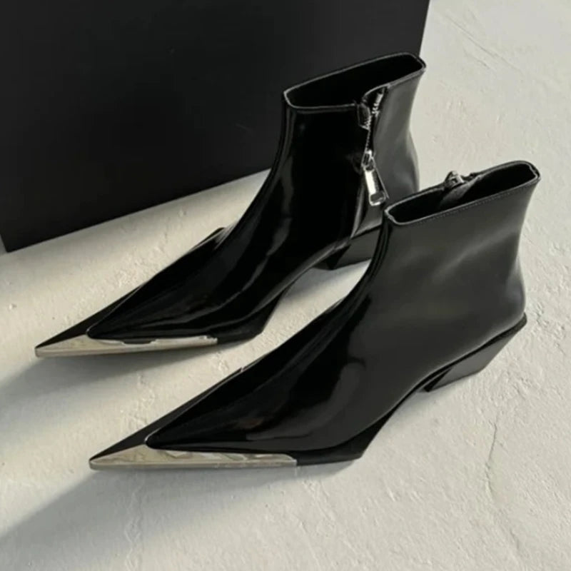 Patent Pointed Toe Ankle Boots | Sculptural High Heel Booties | Glossy Statement Fashion Boots