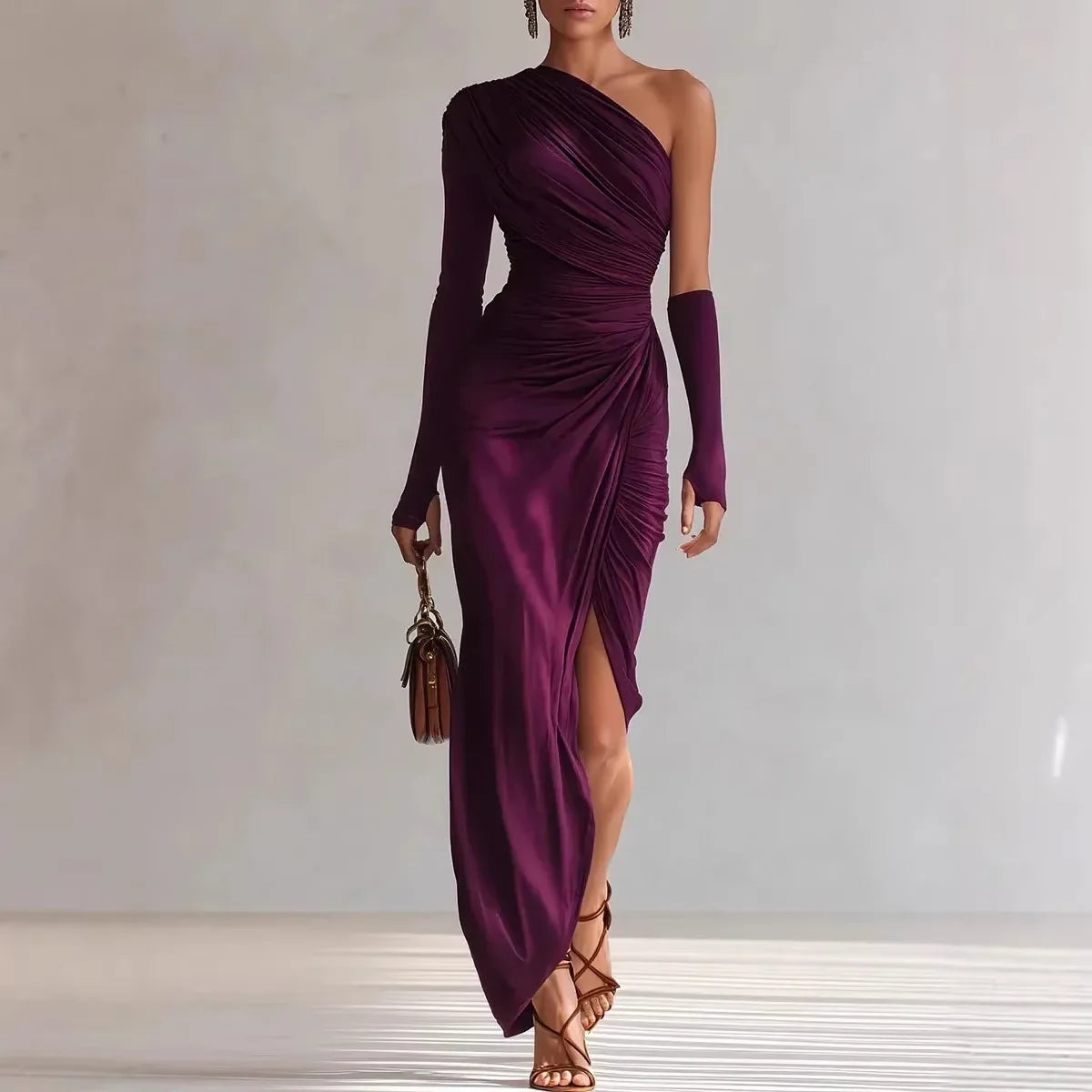 One Shoulder Ruched Maxi Dress – Asymmetrical Long Sleeve Evening Gown with Draped Bodice, High Side Slit and Figure-Hugging Silhouette